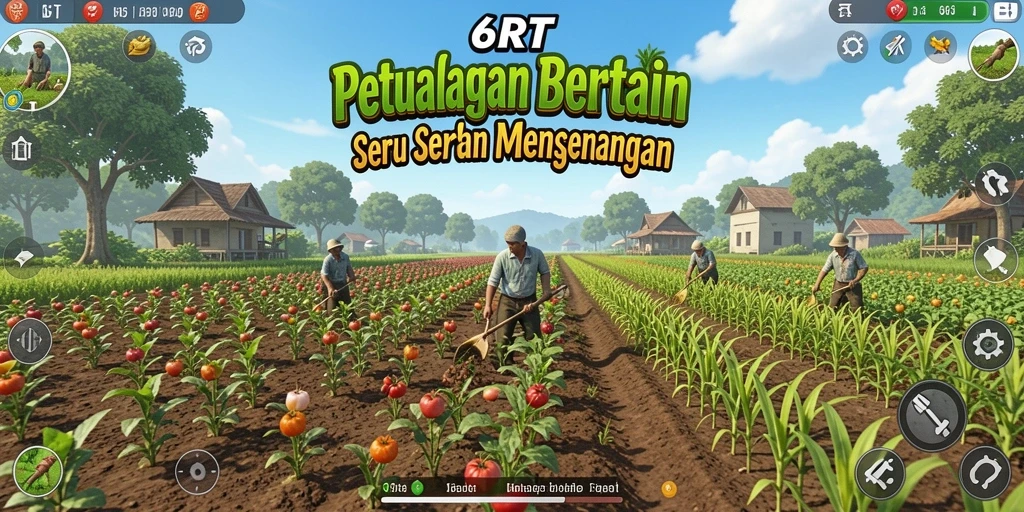 Tampilan gameplay <strong>6RT</strong> yang menampilkan suasana pertanian yang hidup.