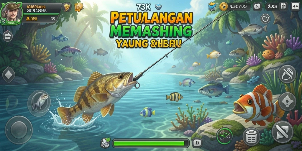 Tampilan screenshot gameplay 73K menampilkan keseruan memancing yang mendebarkan.