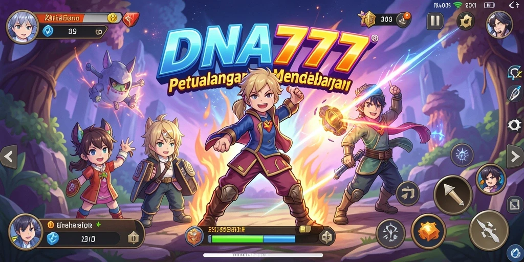 Tangkapan layar utama DNA777 menampilkan karakter anime dalam aksi seru.