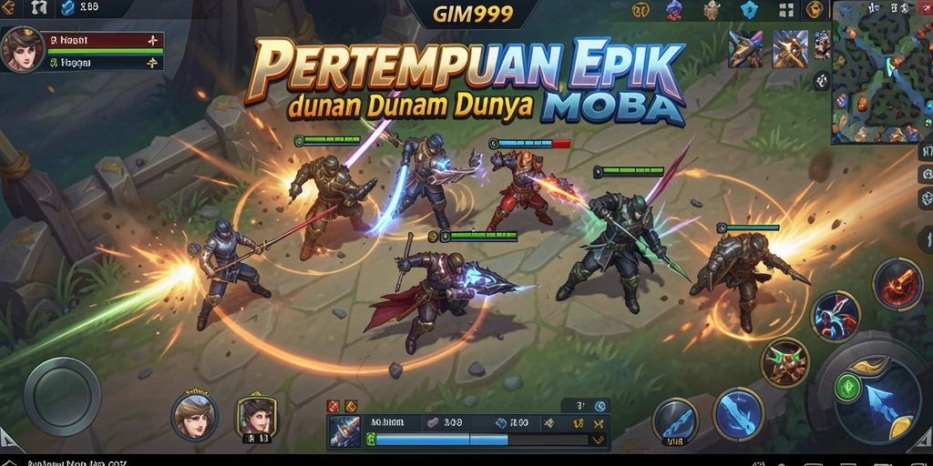Screenshot utama GIM999 yang menunjukkan pertarungan seru dari gameplay MOBA.