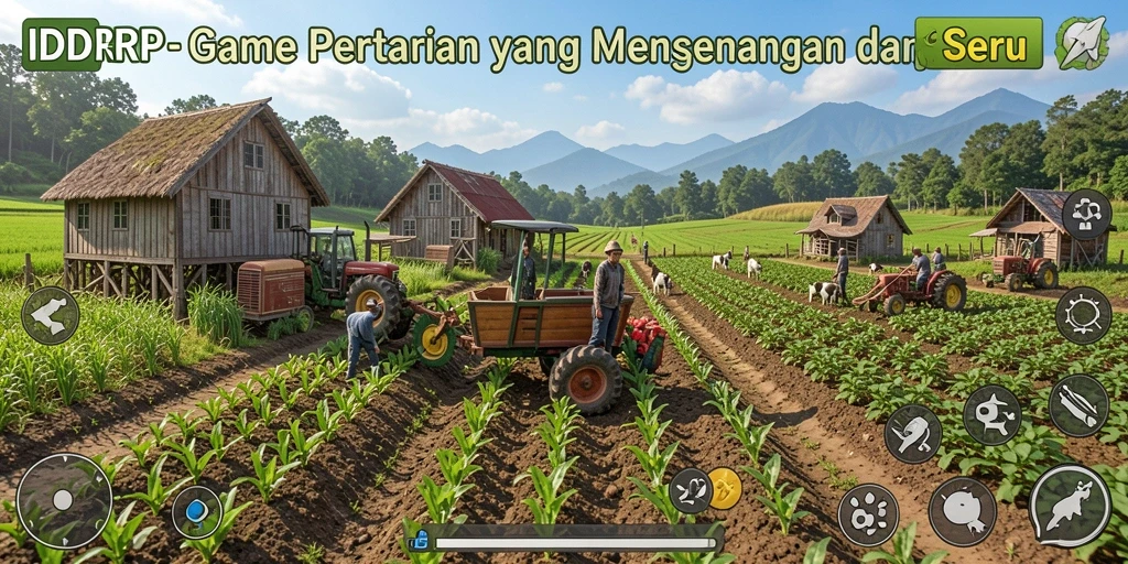 Tampilan screenshot utama IDRRP menampilkan ladang yang subur dan hewan ternak.