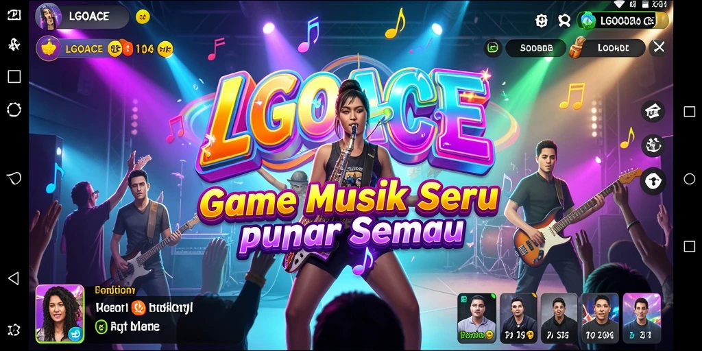 Tangkapan layar gameplay LGOACE dengan tampilan antarmuka yang menarik dan musik menyenangkan.