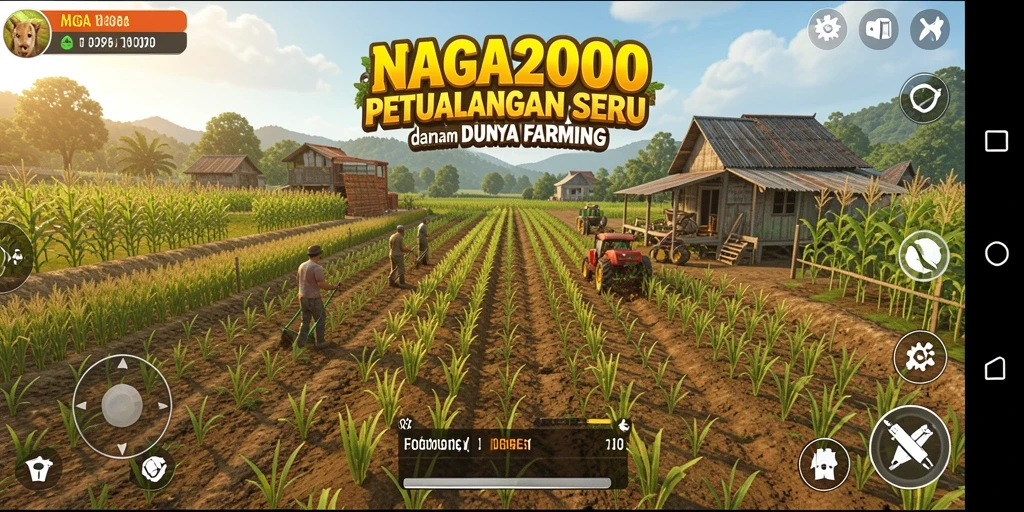Screenshot gameplay NAGA2000 menampilkan kebun yang rimbun dan petani yang aktif.