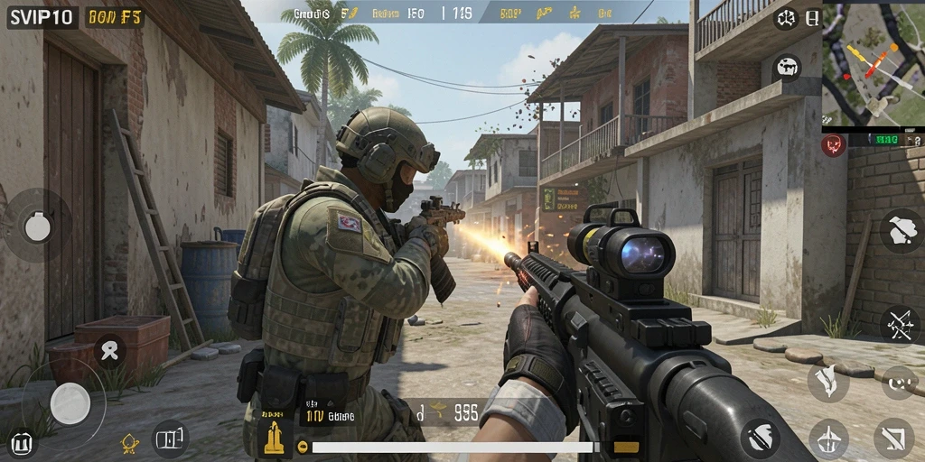 Tangkapan layar gameplay <strong>SVIP10</strong> menunjukkan aksi menembak mendebarkan di medan perang.