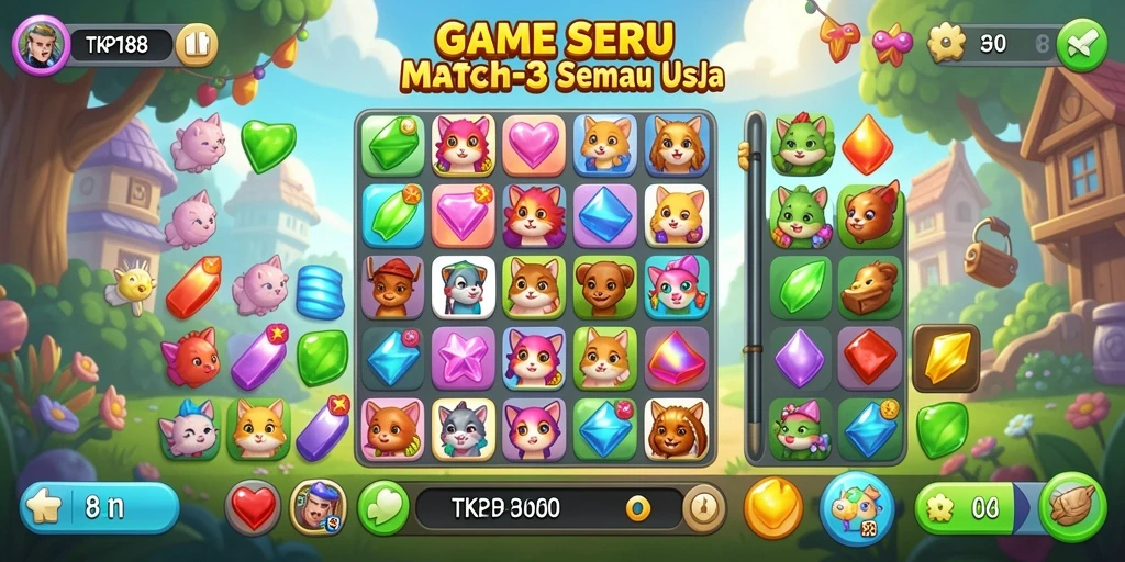 Tampilan gameplay seru TKP188 dengan elemen Match-3 yang menantang.